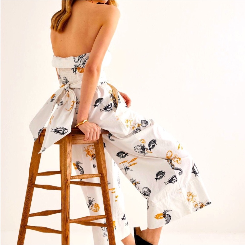 Anthropologie Maeve Sea Creatures Strapless Buttondown Wide-Leg Jumpsuit - Picture 15 of 16